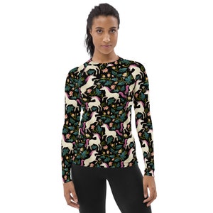 Unicorn Women&#39;s Rash Guard, Print Surf Long Sleeve Swim Shirt Swimwear Sun Jiu Jitsu Designer Wet Suit Protection 40 UPF