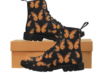 Monarch Butterfly Women&#39;s Boots, Insect Pattern Vegan Canvas Festival Party Lace Up Shoes Fashion Print Ankle Combat Casual Custom Gift