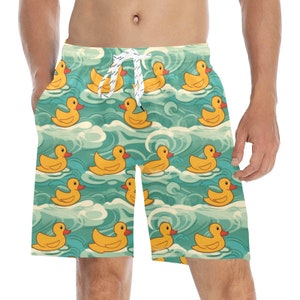 Yellow Rubber Duck Men Swim Trunks Shorts, Print Swimming Mid Length Funny Beach Pockets Mesh Drawstring Boys Casual Bathing Suit Summer