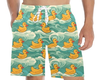 Yellow Rubber Duck Men Swim Trunks Shorts, Print Swimming Mid Length Funny Beach Pockets Mesh Drawstring Boys Casual Bathing Suit Summer