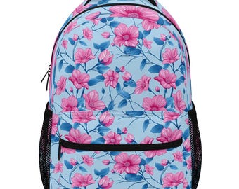 Blue Pink Floral Backpack, Flowers Men Women Kids Books School College Waterproof Pockets 15 Inch Laptop Travel Bag