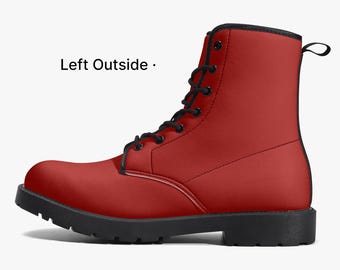 Red Leather Boots, Solid Plain Women Men Color Vegan Lace Up Shoes Print Ankle Black Punk Military Combat Gothic Winter Ladies