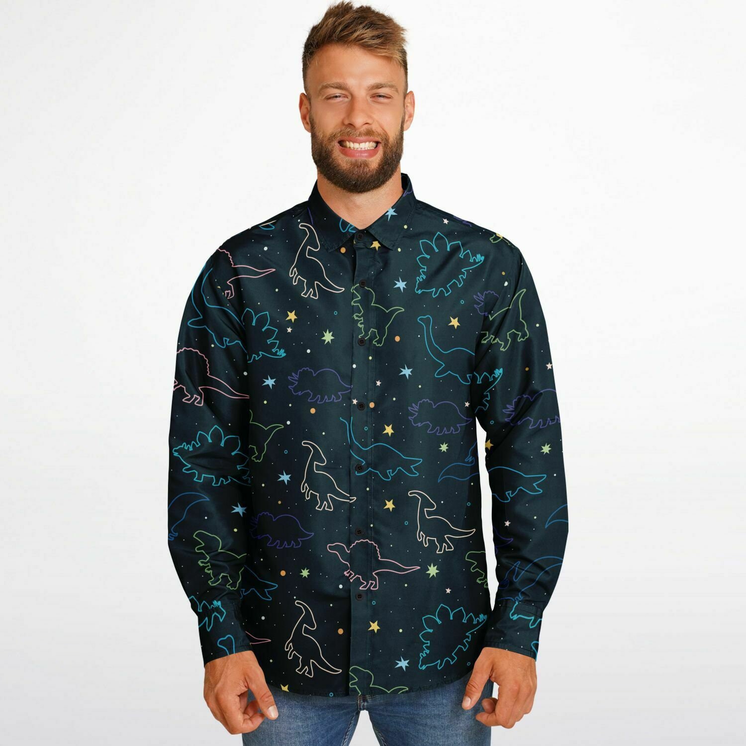 dinosaur dress shirt Dinosaur Long Sleeve Men Button up Shirt, Green Dino Guys Male Print  Buttoned Down Collared Graphic Casual Dress Boho Shirt