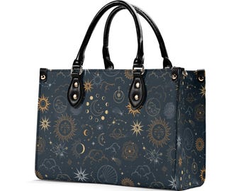 Sun Moon Stars Shoulder Purse, Celestial Space Galaxy Crossbody Vegan Leather Top Handle Handbag Print Small Large Bag Women Ladies Designer