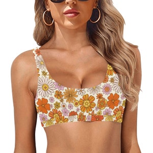 Retro Floral Bikini Top, Groovy Flowers Pink Orange Vintage 70s Sports Bathing Suit Plus Size Padded Swim Swimsuit Women Swimwear Ladies