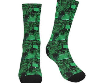 Computer Programmer Socks, Green Engineer Science Tech Coding Crew Sublimation Women Men Designer Fun Novelty Cool Funky Crazy Casual Unique