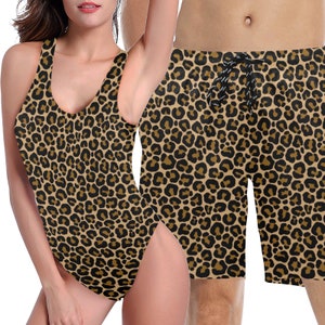 May include: A matching swimsuit and swimming trunks set with a leopard print pattern in shades of brown and black.