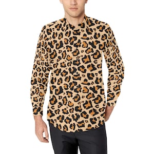 Leopard Männer Button Up Shirt, Braun Langarm Gepard Animal Print Buttoned Down Kragen Male Jungs Casual Dress Shirt Brusttasche