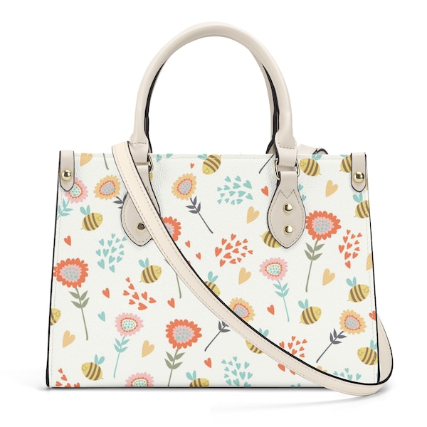 Floral Bee Shoulder Purse, Flowers White Vegan Leather Top Handle Handbag Print Small Bag Women Ladies Designer Spring