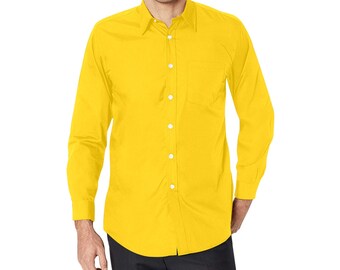 Yellow Long Sleeve Men Button up Shirt, Plain Solid Color Summer