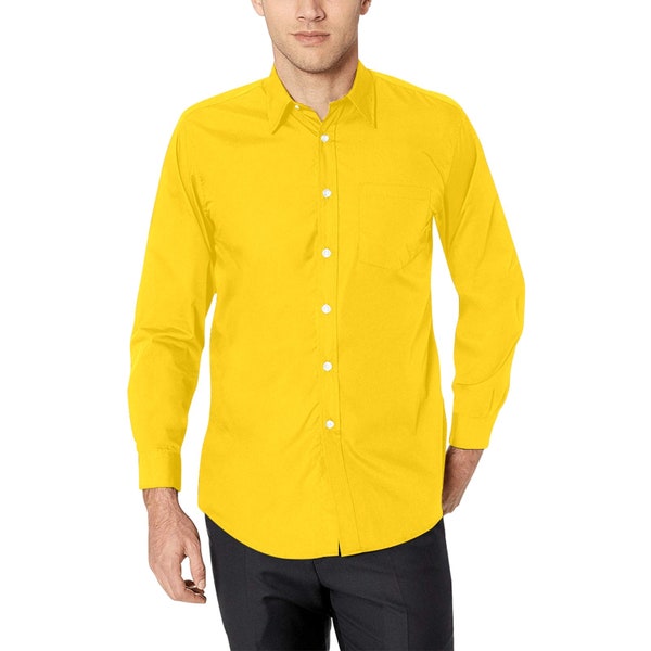 Yellow Long Sleeve Men Button Up Shirt, Plain Solid Color Summer Print Buttoned Collar Male Casual Dress Shirt Chest Pocket Collared