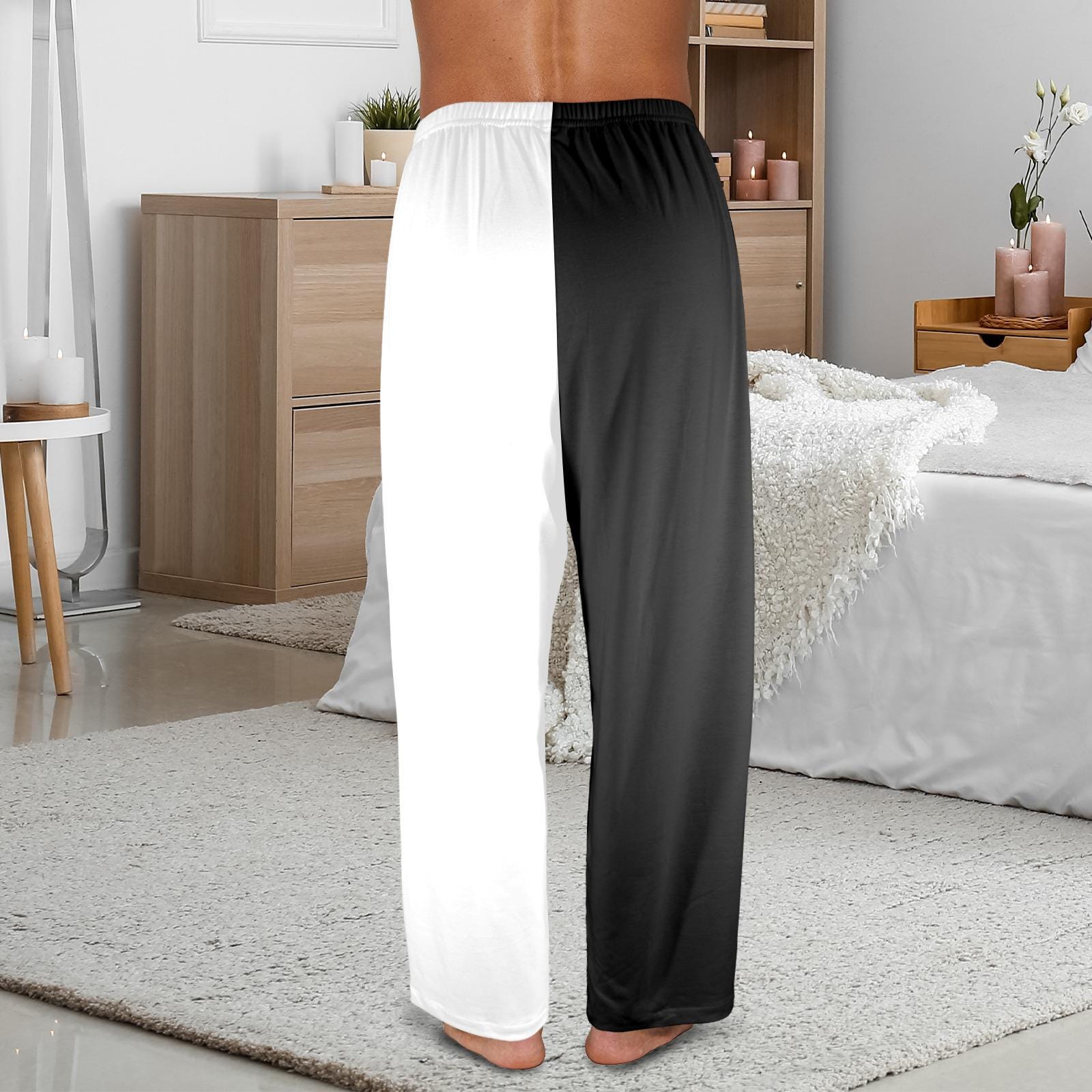 Half Black Half White Men Pajamas Pants, Black White Two Tone