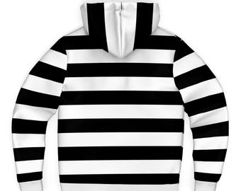 Black White Striped Zip up Fleece Lined Hoodie, Heavyweight Full
