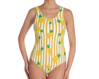 Pineapple One Piece Swimsuit, Yellow Tropical Print Summer Fruit One Piece Women's Bathing Suit Swimwear