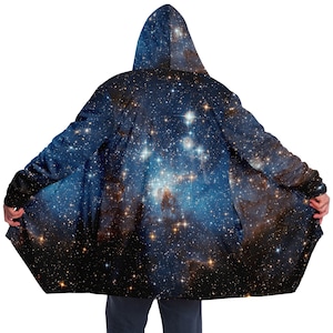 Galaxy Space Hooded Cloak, Stars Celestial Cosmic Universe Blue Men Women Modern Winter Warm Mink Sherpa Fleece Blanket Cape Coat Pockets