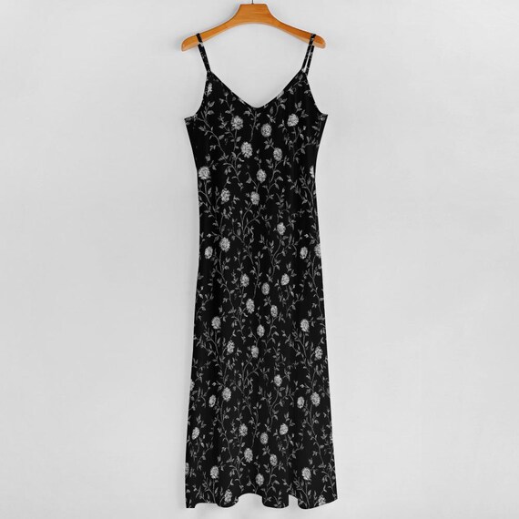 Black Floral Maxi Dress, White Flowers Long Spaghetti Straps Flowy Women  Sleeveless Casual Cute Designer Elegant Plus Size Cocktail Party - Etsy