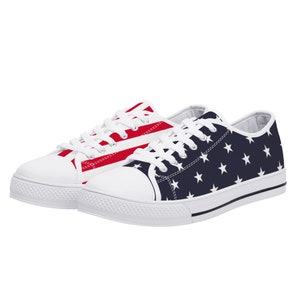 American Flag Women Shoes, Stars Stripes Red White Blue Patriotic USA Sneakers Canvas White Low Top Lace Up Girls Aesthetic Flat Shoes