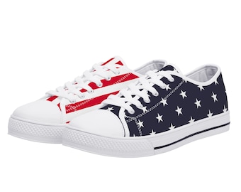 American Flag Women Shoes, Red White Blue Patriotic Fourth 4th of July Stars Stripes USA Low Top Sneakers Canvas Lace Up Girls Ladies Flat