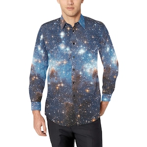 Galaxy Langarm Männer Hemd, Space Themed Stars Universe Cosmos Print Einzigartiges geknöpftes Hemd mit Brusttasche