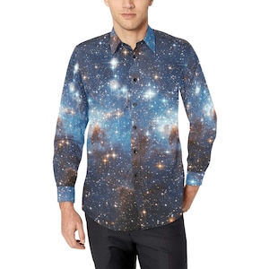 Galaxy Long Sleeve Men Button Up Shirt, Space Themed Stars Universe Cosmos Print Unique Buttoned Collar Dress Shirt with Chest Pocket