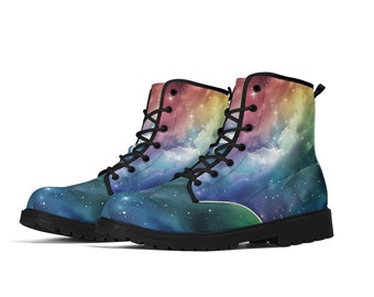 Rainbow Galaxy Women Leather Boots, Space Universe Vegan Lace Up Shoes Hiking Festival Black Ankle Combat Work Winter Waterproof Ladies