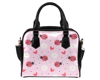 Ladybug Shoulder Purse, Cute Pink Daisy Floral Small Retro Vintage Vegan Leather Women Designer Handbag with Strap Crossbody Ladies Bag