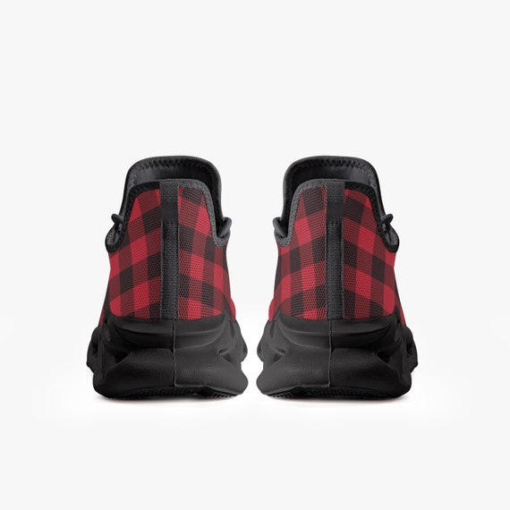 Red Black Buffalo Plaid Men Sneakers, Check Bouncing Mesh Knit