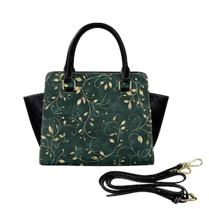 Sac à main en cuir vert foncé, feuilles de vigne imprimées en or vintage designer femmes dames cartable supérieure poignée zippée sac noir bandoulière