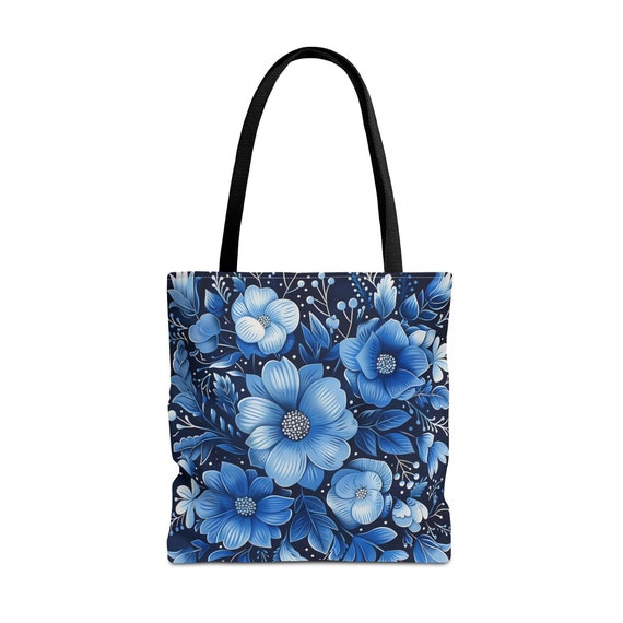 Blue Floral Tote Bag, Navy Flowers Cute Canvas Shopping  display picture 2
