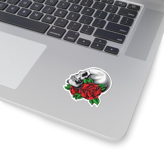 Skull Red Roses Sticker, Gothic Skeleton Tattoo Laptop Decal Vinyl