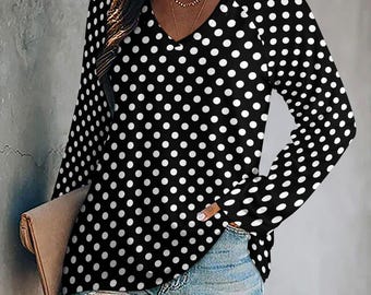 Polka Dots Women Long Sleeve Tshirt Loose Fit, Black White Vintage