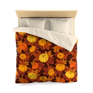 Fall Duvet Cover, Autumn Leaves Pumpkin Microfiber Full Queen Twin Unique Vibrant Bed Modern Home Bedding Bedroom Decor