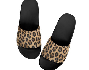 Leopard Women Slide Sandals,  Cheetah Animal Print Shoes Girls Flat Wedge Slides Vegan Casual Slippers Flip Flops Slip On