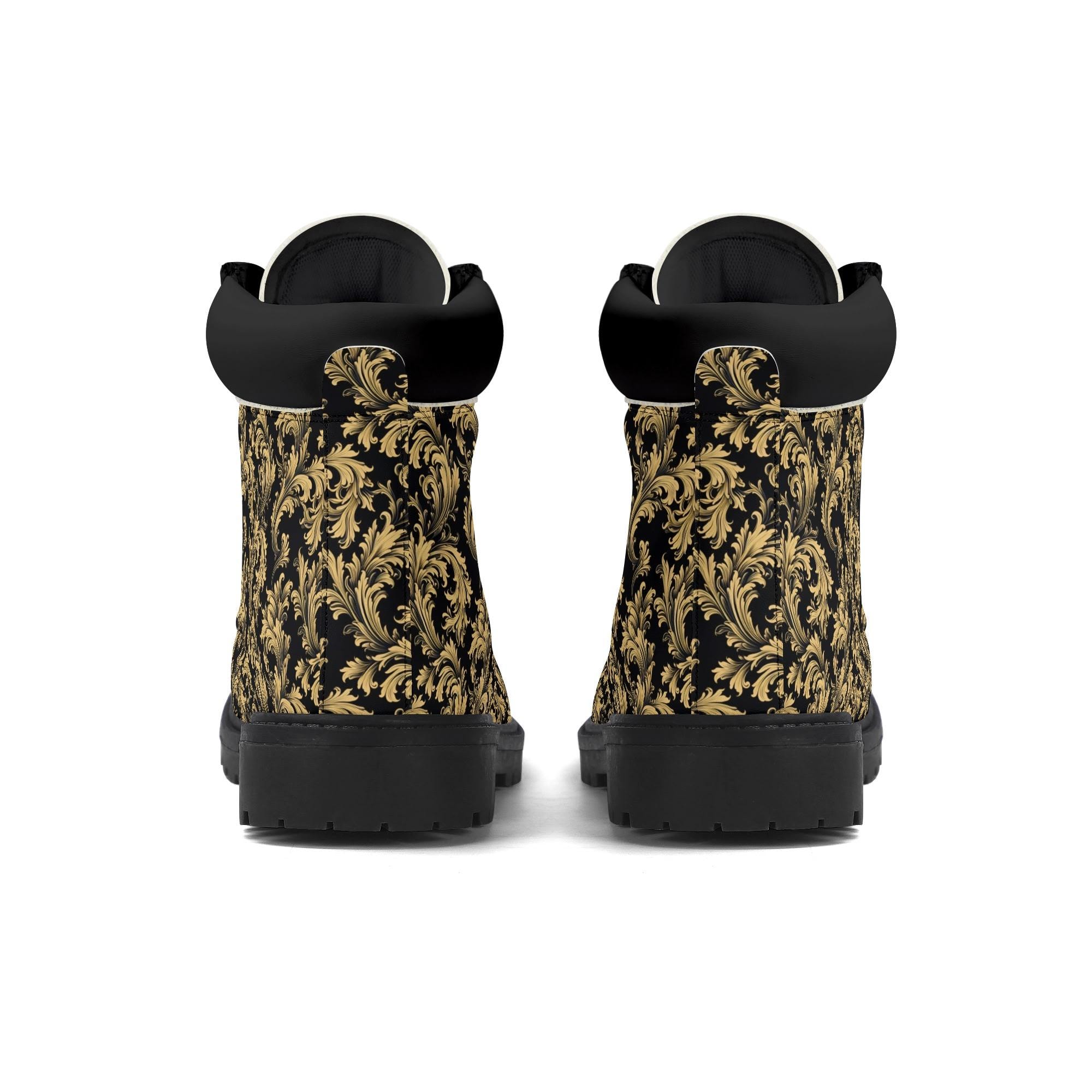 VICTIM&CO Boots Mens 5.5 Womens 7.5 Black Gold Leather Ankle Streetwear Designer Black Gold Baroque Leather Boots, Printed Lace up Shoes  main image 2