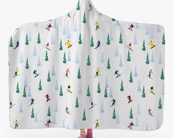 Ski Hooded Blanket, Skiing Snowboarding Sherpa Fleece Soft Fluffy Cozy Warm Adult Men Women Kids Large Wearable with Hood Gift