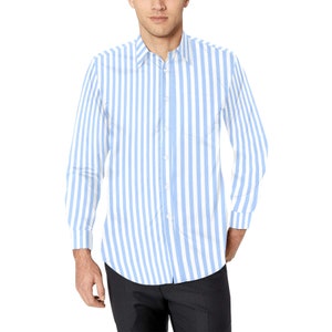 Camisa abotonada de hombre de manga larga a rayas azul claro, camisa de vestir con cuello abotonado y estampado blanco con bolsillo en el pecho