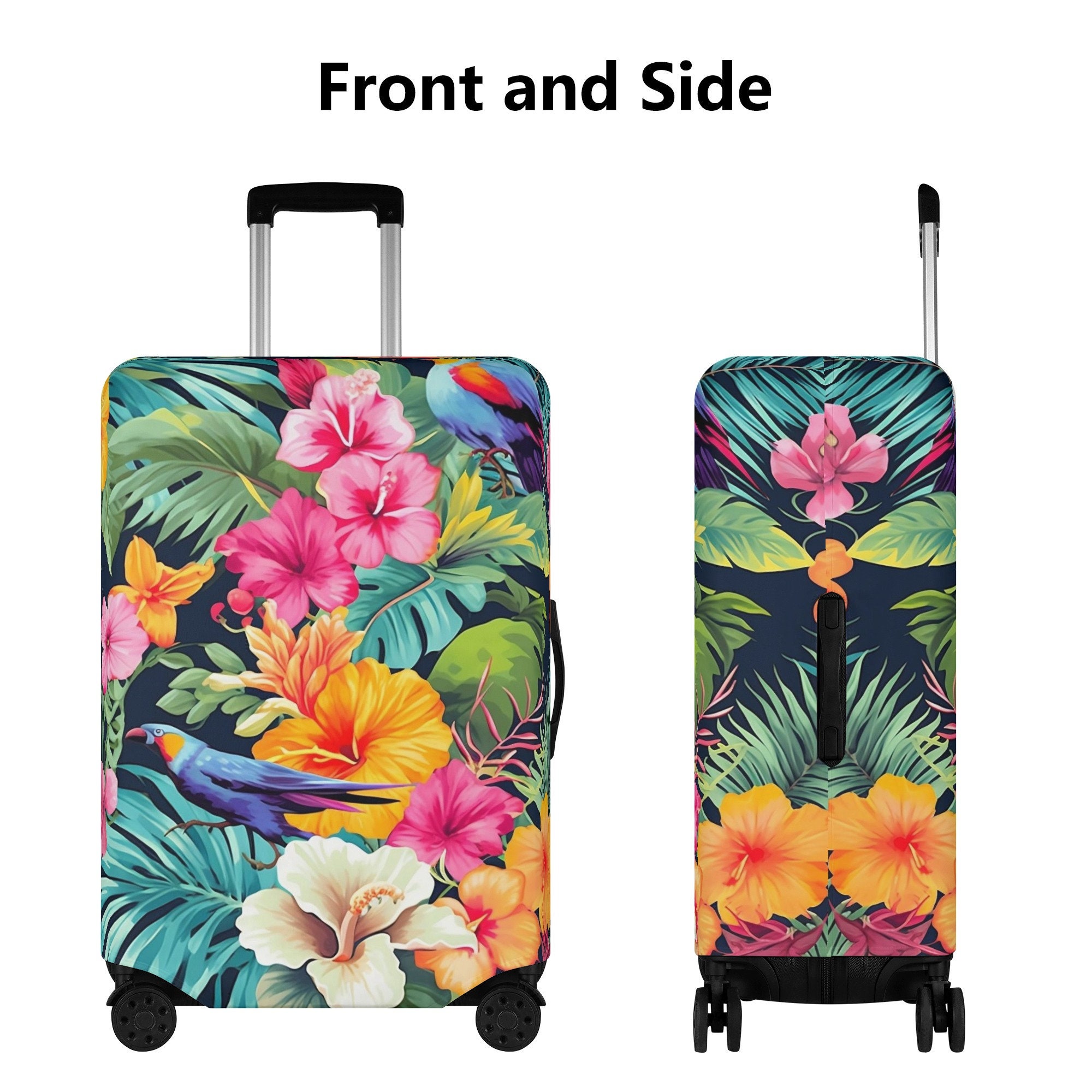 Tropical Flowers Luggage Cover, Pink Floral Bird Parrot Suitcase Protector