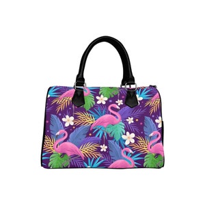 Pink Flamingo Top Griff Handtasche, Tropical Purple Kunstdruck Geldbörse Canvas und Leder Barrel Typ Boho Designer Accessoire Damentasche