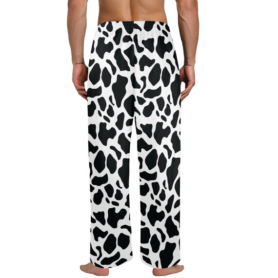 Cow Print Men Pajamas Pants, Black White Animal Satin PJ