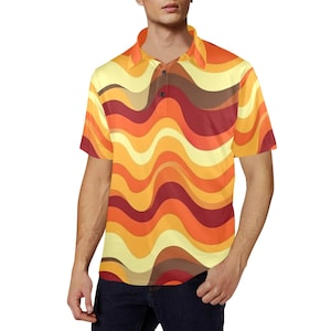 Polo da uomo con colletto retrò anni &#39;70, modello vintage ondulato arancione groovy, camicia estiva casual abbottonata, maglietta sportiva da golf a maniche corte