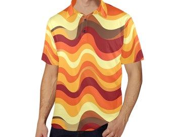 70er-Jahre-Retro-Herren-Polohemd mit Kragen, orangefarbenes Groovy-Wellen-Vintage-Muster, lässiges Sommer-Hemd mit Knöpfen, kurzärmeliges Sport-Golf-T-Shirt