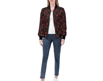 Red Roses Women Bomber Jacket, Black Floral Flowers Ladies Female