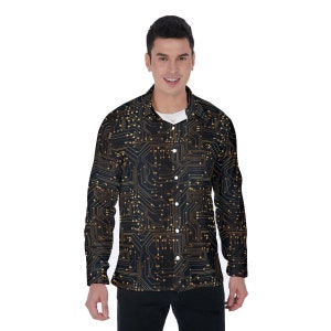 Engineer Men&#39;s Lapel Collar Shirt Concealed Placket, Circuit Board Programmer Coder Long Sleeve Button Up Dress Nerd Office Plus Size
