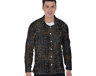 Ingenieur heren shirt met reverskraag verborgen sluiting, printplaat programmeur coder lange mouw knopenjurk Nerd kantoor grote maten