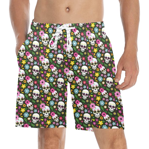 Sugar Skull Men Swim Trunks Mid Length Shorts Dia De Muertos