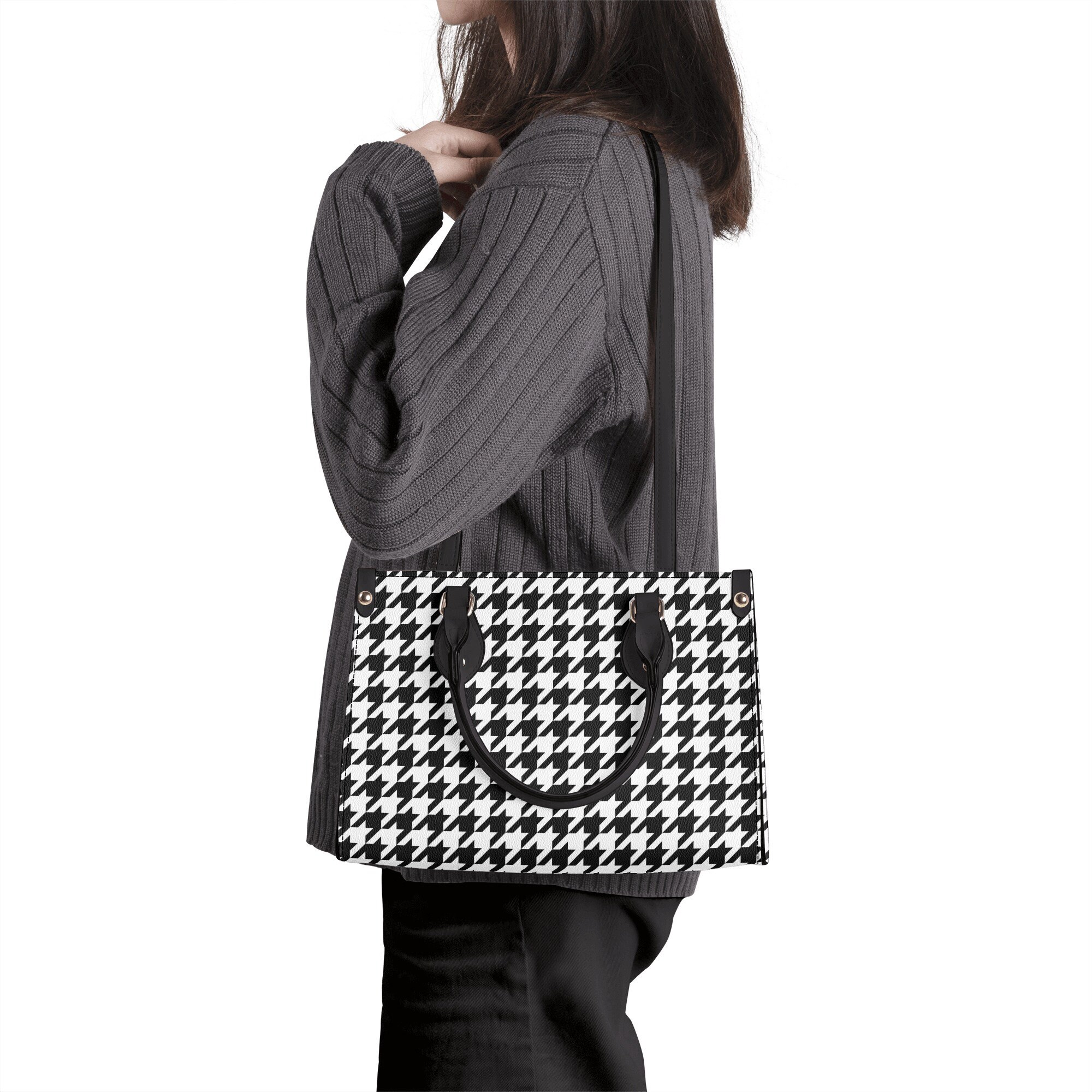 Houndstooth Shoulder Purse, Black White Vegan Leather Top Handle