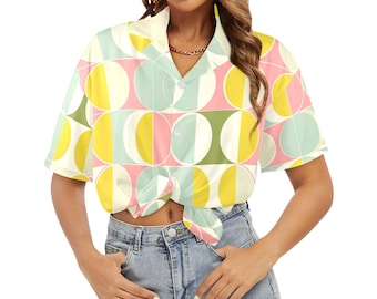 Mid Century Modern Women Hawaiian shirt, Retro Vintage Summer Yellow Print Vintage Retro Hawaii Aloha Button Up Down Plus Size Ladies Blouse