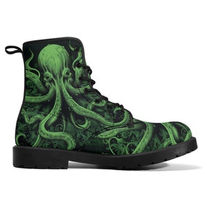 Octopus Men Leather Boots, Tentacles Green Vegan Lace Up Shoes Hiking Festival Black Ankle Combat Work Winter Waterproof Custom Gift image 7