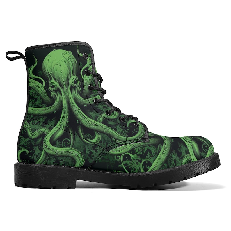 Octopus Men Leather Boots, Tentacles Green Vegan Lace Up Shoes Hiking Festival Black Ankle Combat Work Winter Waterproof Custom Gift image 7