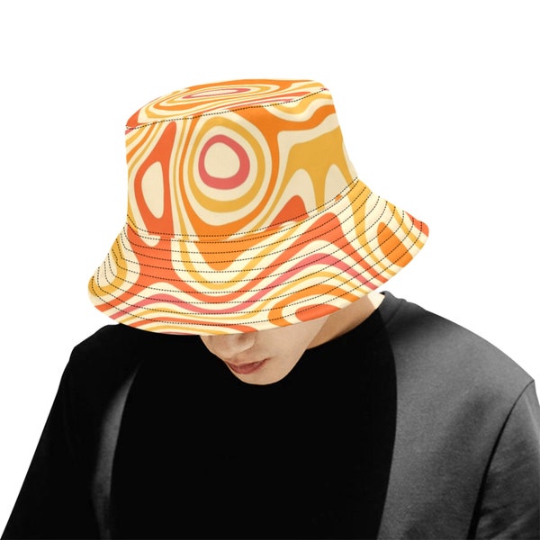 Funky Bucket Hat, Groovy Orange Psychedelic Retro Vintage Disco Summer Festival Cute Women Men Designer Beach Sun Shade Y2K Cotton Twill